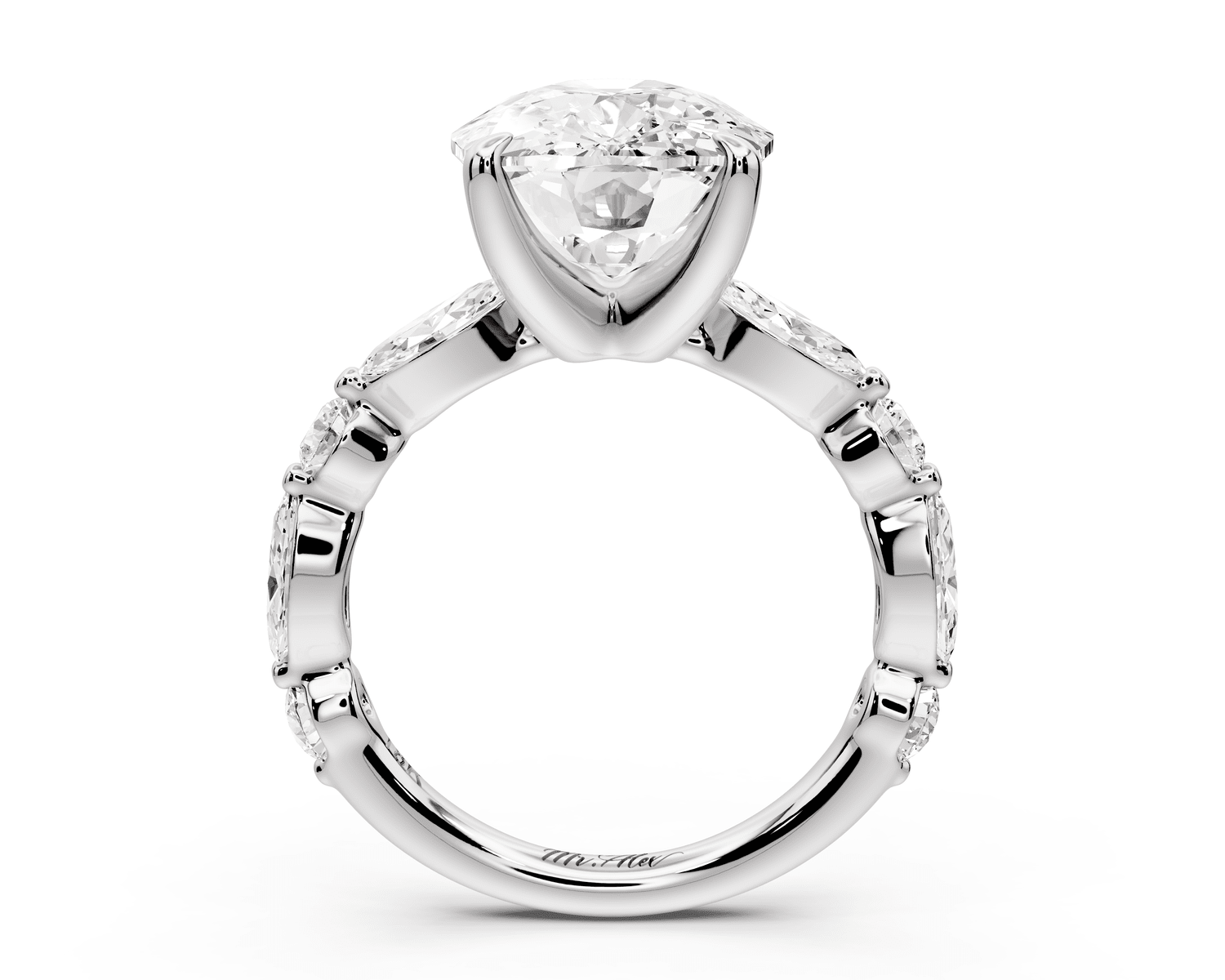 Amalia - 5ct 18k white gold ecushion Round Diamond with Alternating 8 - Stone Marquise and Round Diamond Band Engagement Ring - Mr. Alex Jewelry