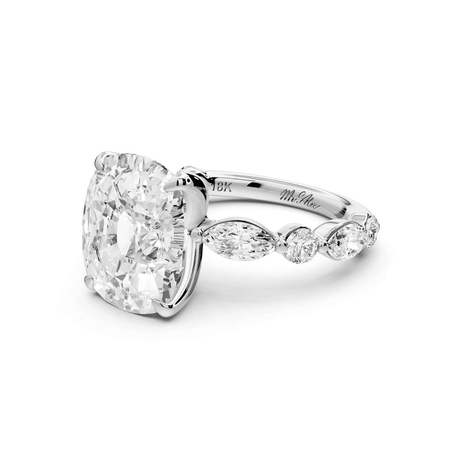 Amalia - 5ct 18k white gold ecushion Round Diamond with Alternating 8 - Stone Marquise and Round Diamond Band Engagement Ring - Mr. Alex Jewelry