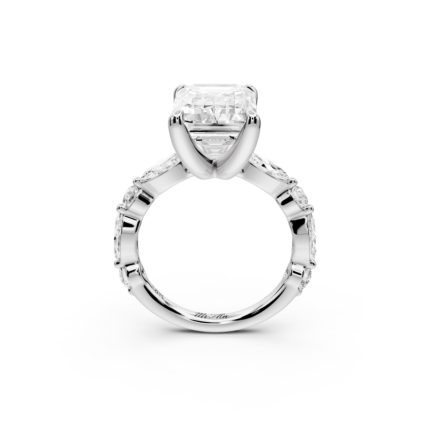 Amalia - 5ct 18k white gold emerald Round Diamond with Alternating 8 - Stone Marquise and Round Diamond Band Engagement Ring - Mr. Alex Jewelry