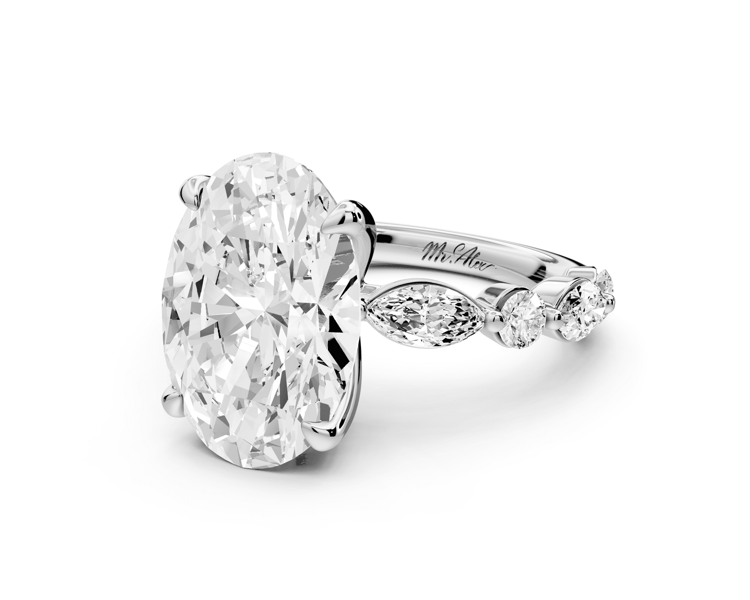 Amalia - 5ct 18k white gold oval Round Diamond with Alternating 8 - Stone Marquise and Round Diamond Band Engagement Ring - Mr. Alex Jewelry