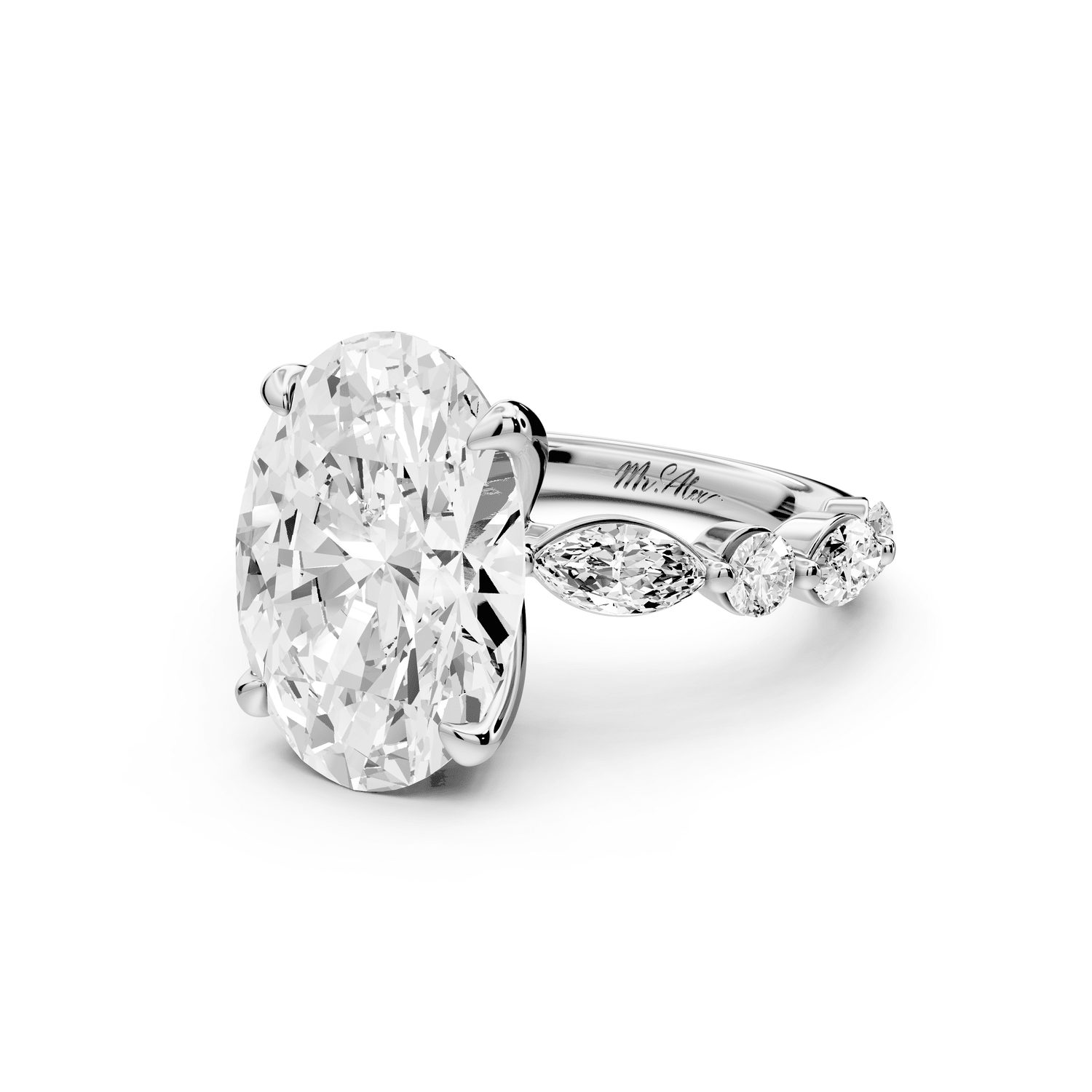 Amalia - 5ct 18k white gold oval Round Diamond with Alternating 8 - Stone Marquise and Round Diamond Band Engagement Ring - Mr. Alex Jewelry