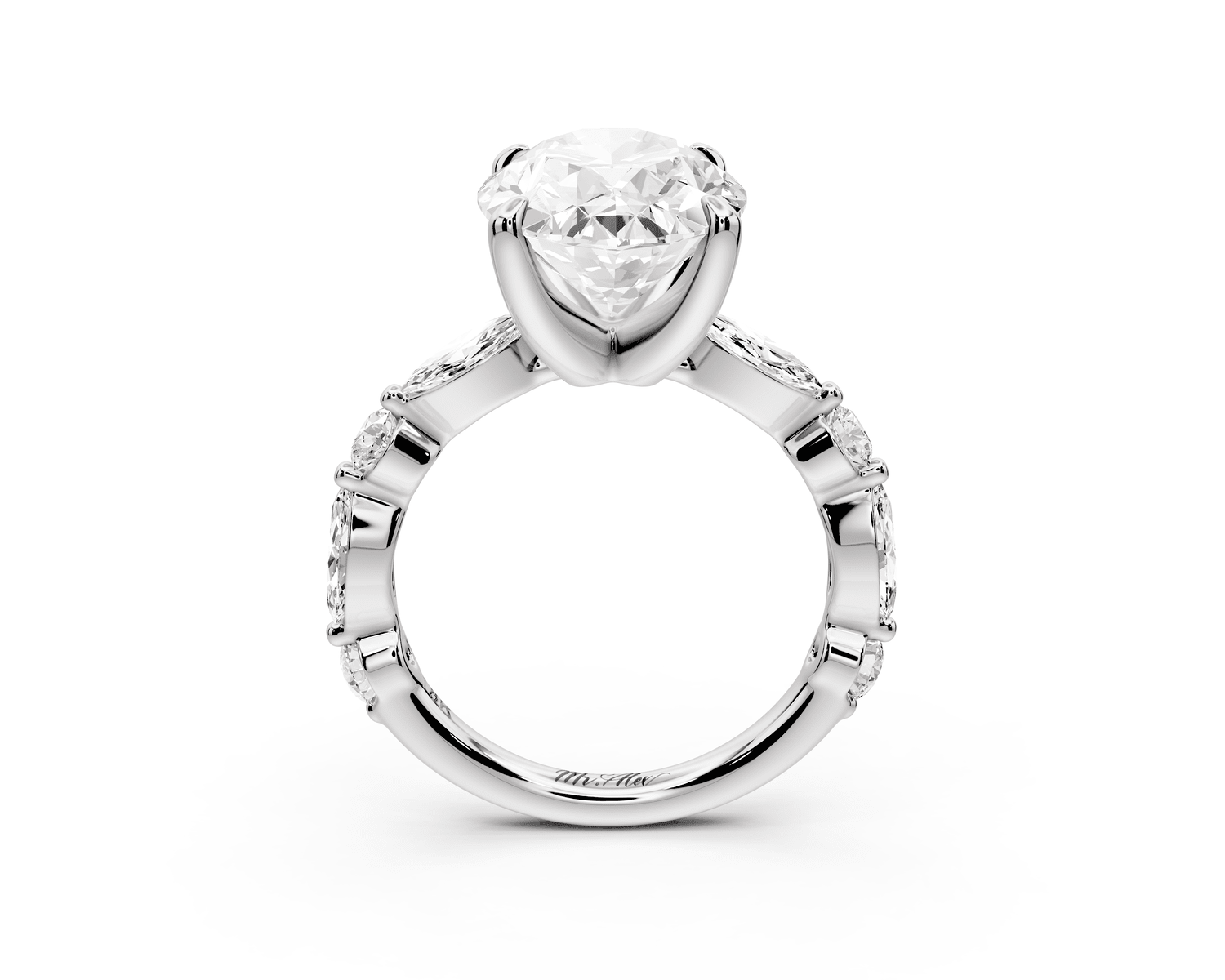 Amalia - 5ct 18k white gold oval Round Diamond with Alternating 8 - Stone Marquise and Round Diamond Band Engagement Ring - Mr. Alex Jewelry