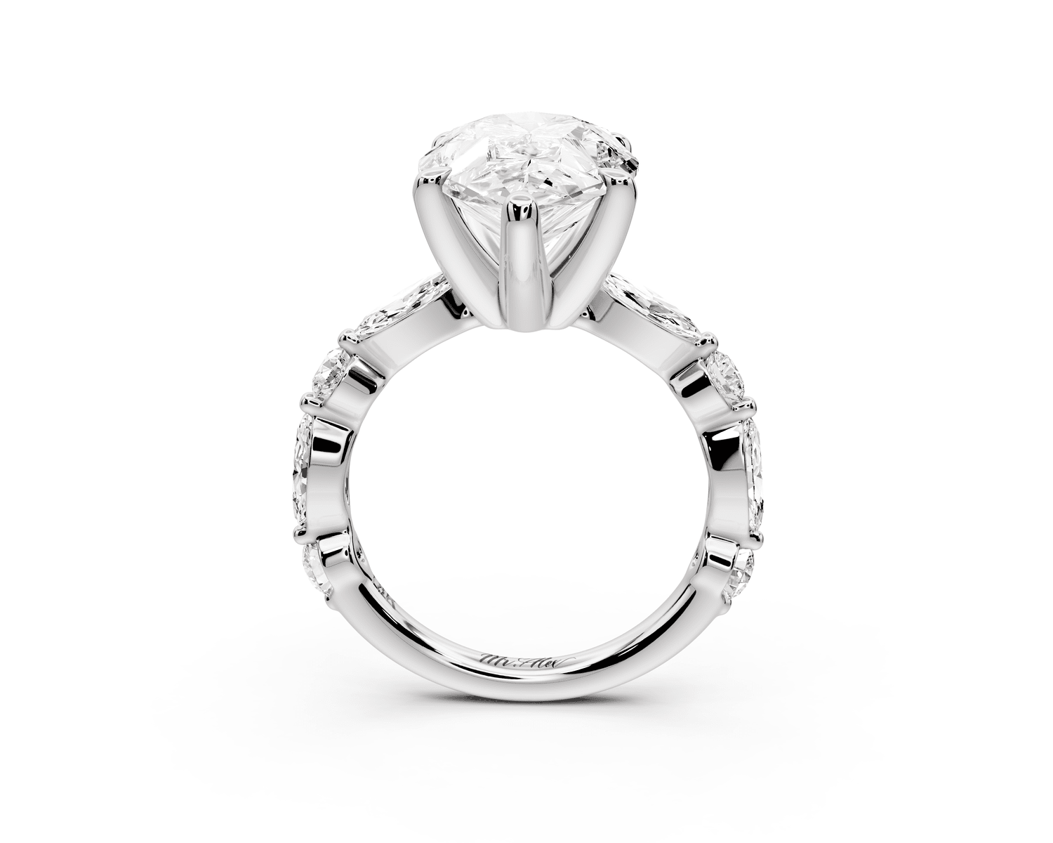 Amalia - 5ct 18k white gold pear Round Diamond with Alternating 8 - Stone Marquise and Round Diamond Band Engagement Ring - Mr. Alex Jewelry
