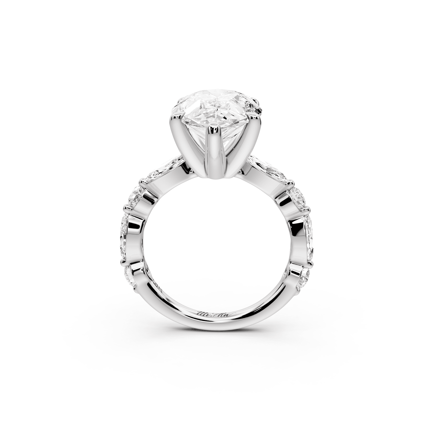 Amalia - 5ct 18k white gold pear Round Diamond with Alternating 8 - Stone Marquise and Round Diamond Band Engagement Ring - Mr. Alex Jewelry