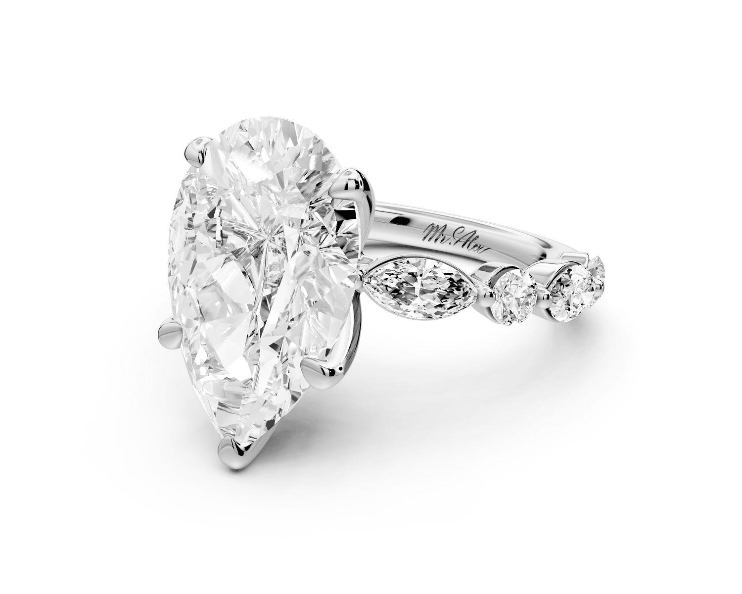 Amalia - 5ct 18k white gold pear Round Diamond with Alternating 8 - Stone Marquise and Round Diamond Band Engagement Ring - Mr. Alex Jewelry