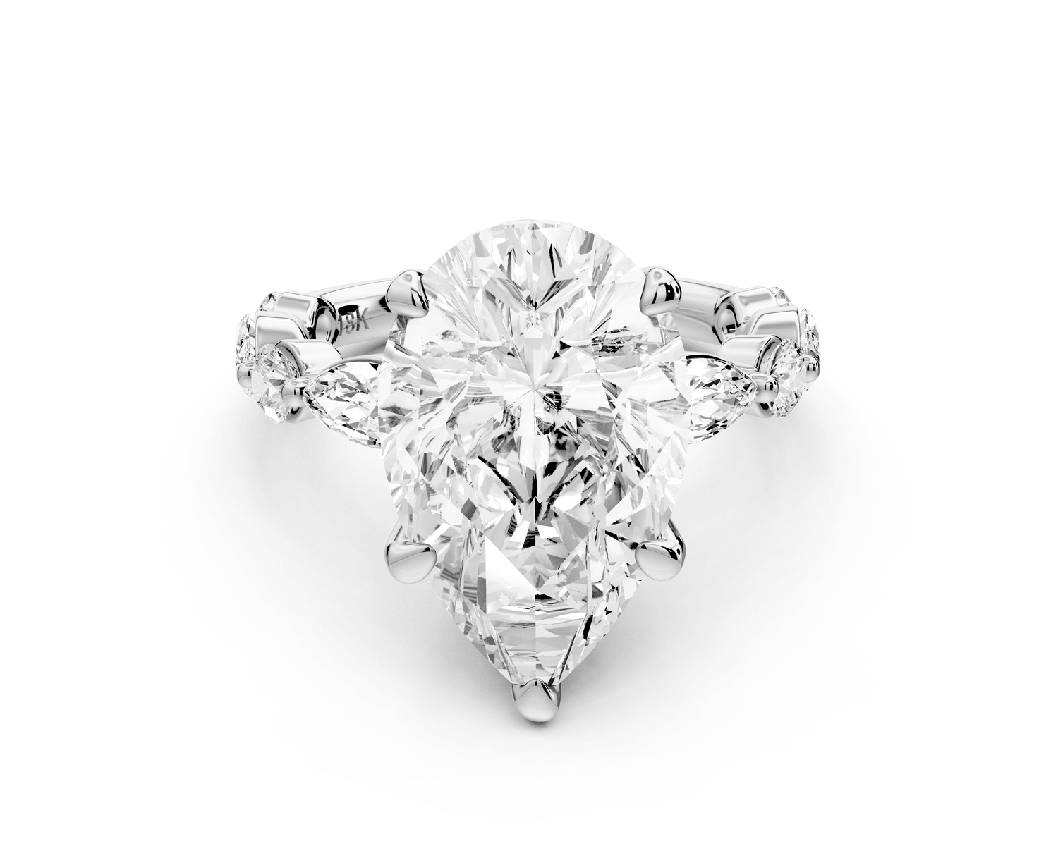 Amalia - 5ct 18k white gold pear Round Diamond with Alternating 8 - Stone Marquise and Round Diamond Band Engagement Ring - Mr. Alex Jewelry