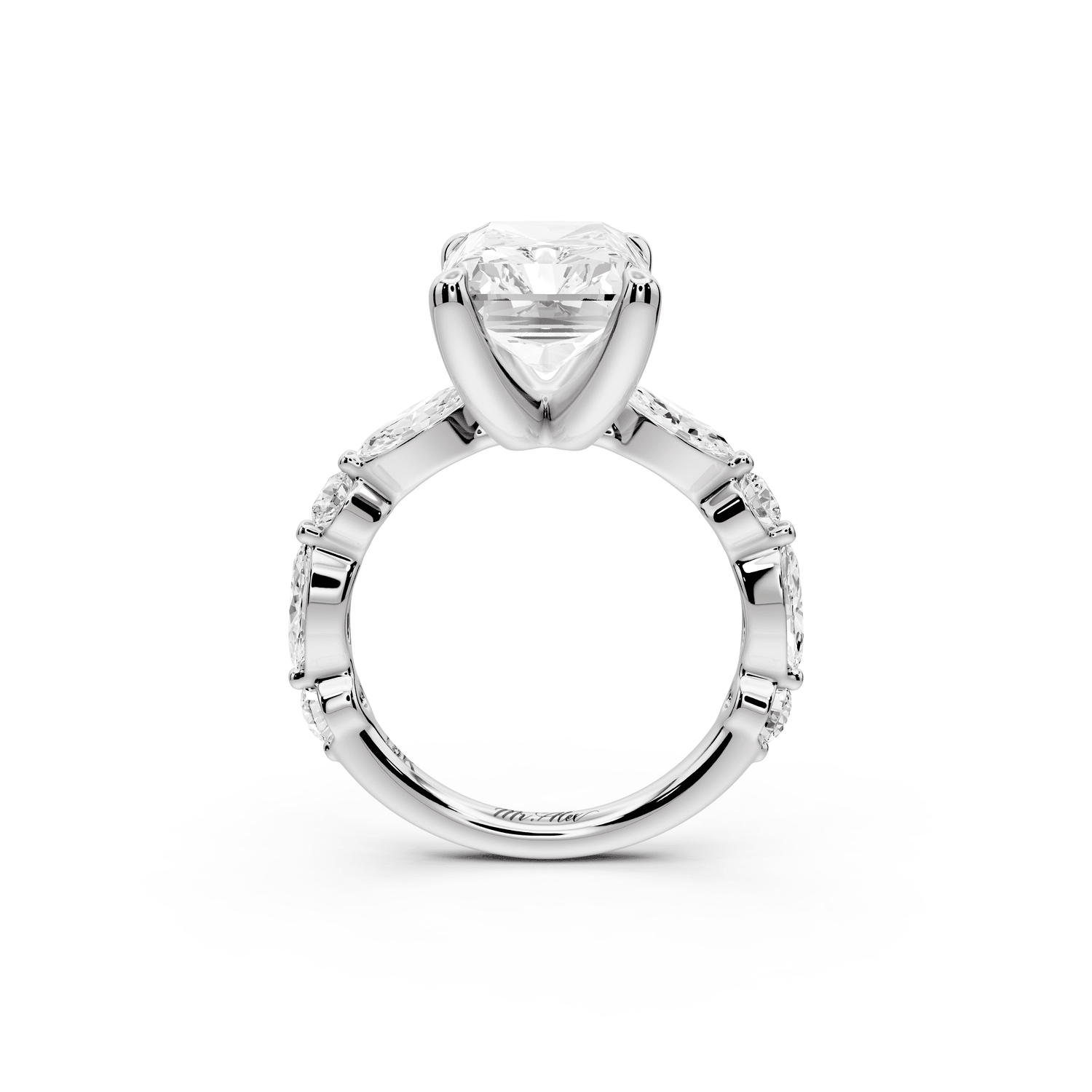 Amalia - 5ct 18k white gold radiant Round Diamond with Alternating 8 - Stone Marquise and Round Diamond Band Engagement Ring - Mr. Alex Jewelry