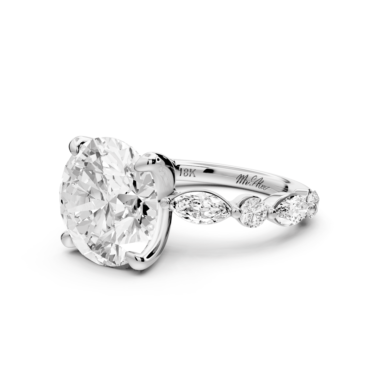 Amalia - 5ct 18k white gold round Round Diamond with Alternating 8 - Stone Marquise and Round Diamond Band Engagement Ring - Mr. Alex Jewelry