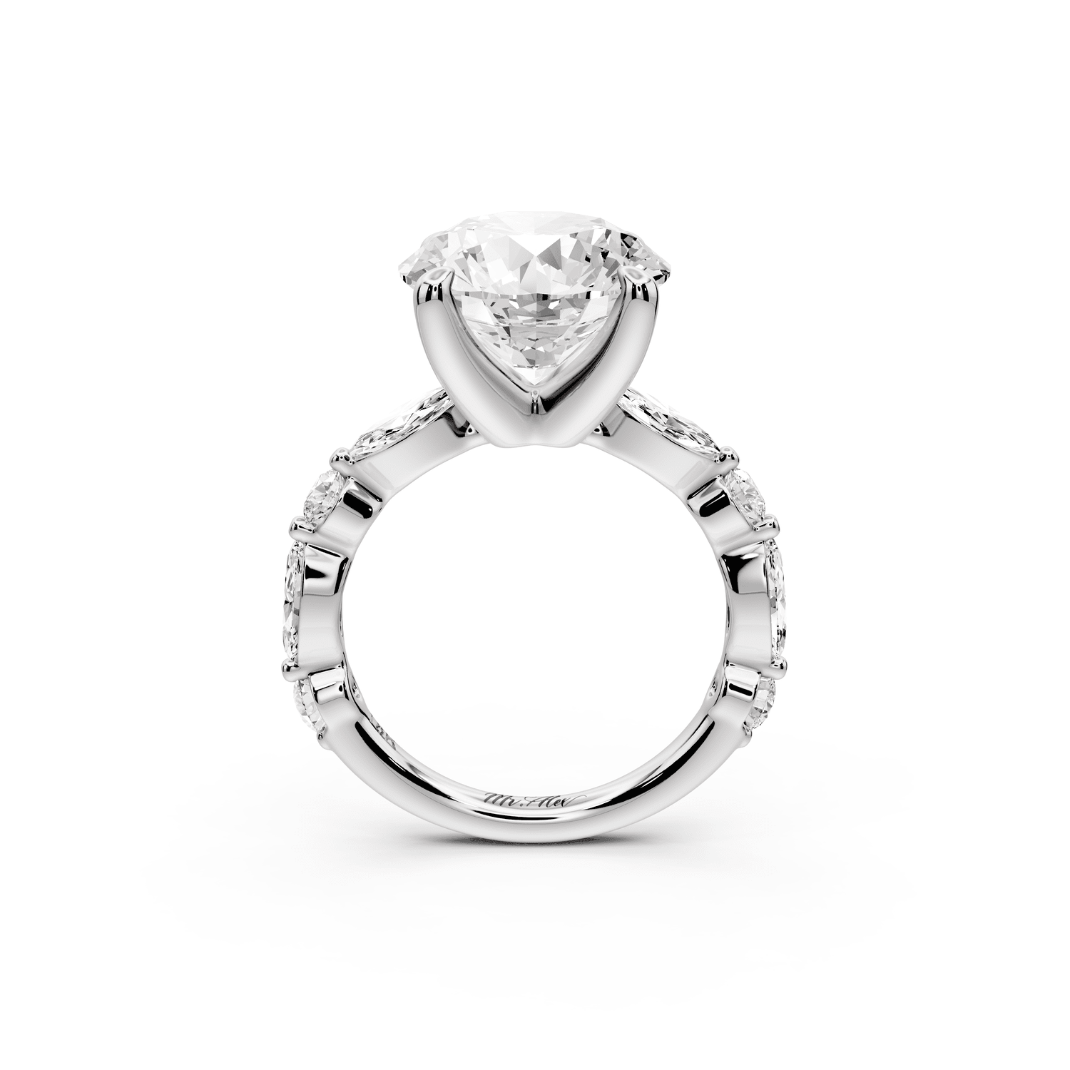 Amalia - 5ct 18k white gold round Round Diamond with Alternating 8 - Stone Marquise and Round Diamond Band Engagement Ring - Mr. Alex Jewelry