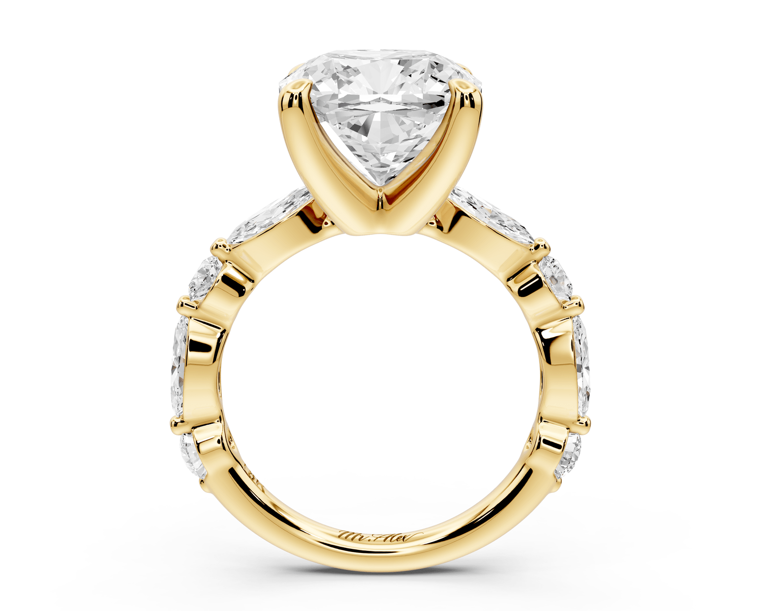 Amalia - 5ct 18k yellow gold cushion Round Diamond with Alternating 8 - Stone Marquise and Round Diamond Band Engagement Ring - Mr. Alex Jewelry