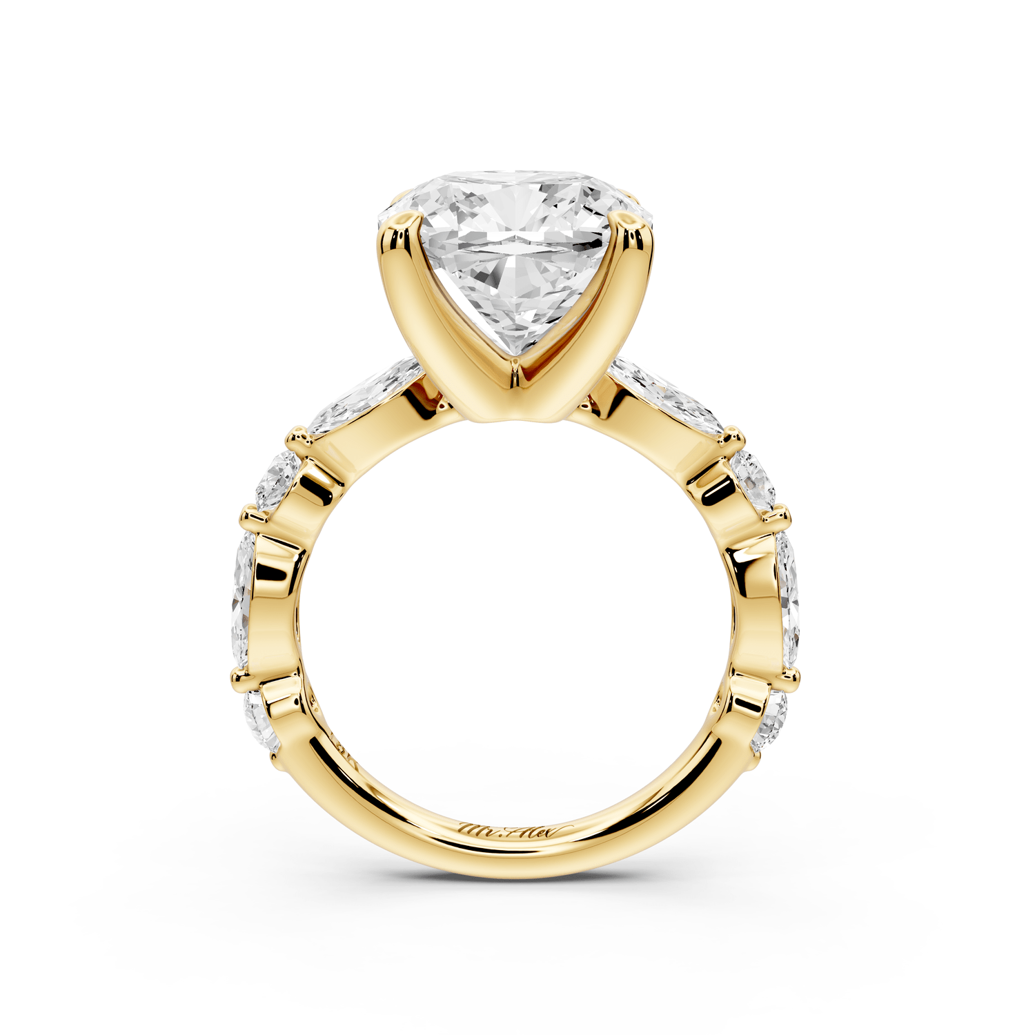 Amalia - 5ct 18k yellow gold cushion Round Diamond with Alternating 8 - Stone Marquise and Round Diamond Band Engagement Ring - Mr. Alex Jewelry