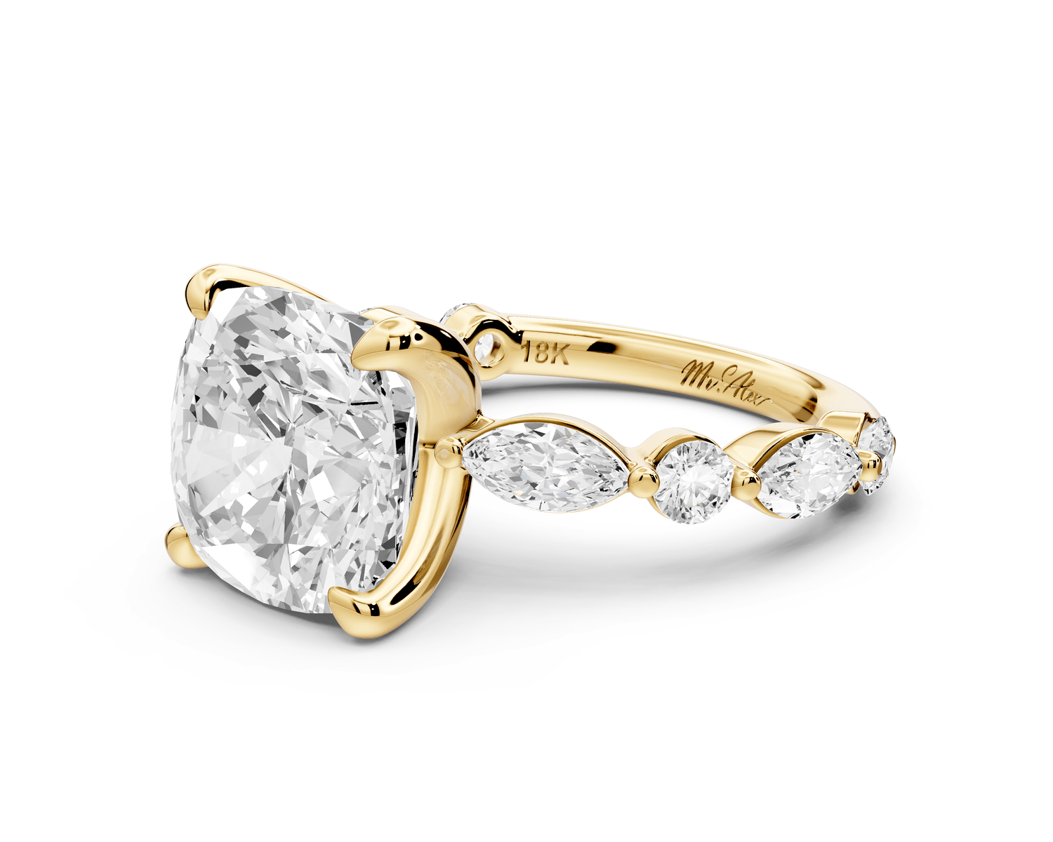 Amalia - 5ct 18k yellow gold cushion Round Diamond with Alternating 8 - Stone Marquise and Round Diamond Band Engagement Ring - Mr. Alex Jewelry