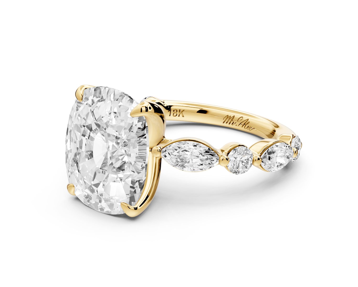 Amalia - 5ct 18k yellow gold ecushion Round Diamond with Alternating 8 - Stone Marquise and Round Diamond Band Engagement Ring - Mr. Alex Jewelry