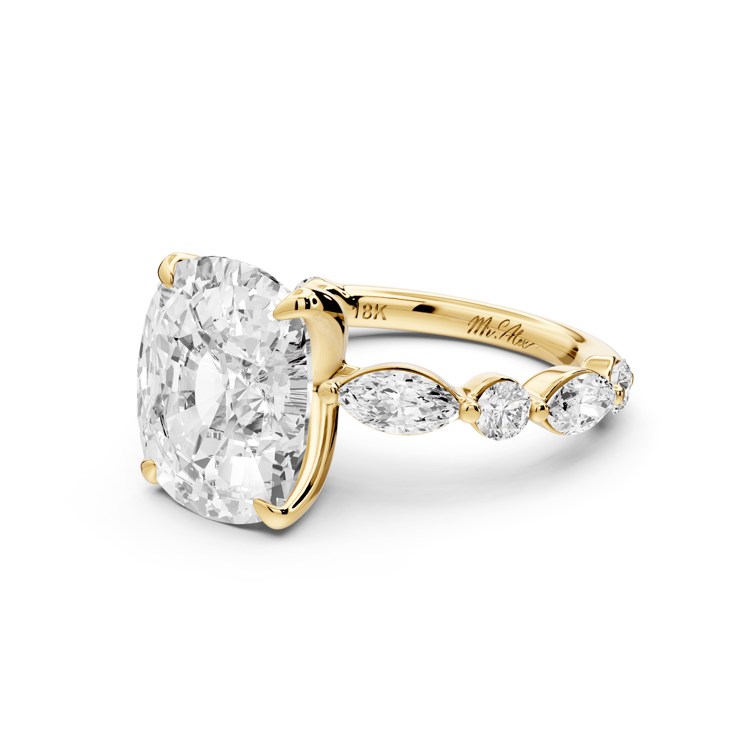 Amalia - 5ct 18k yellow gold ecushion Round Diamond with Alternating 8 - Stone Marquise and Round Diamond Band Engagement Ring - Mr. Alex Jewelry