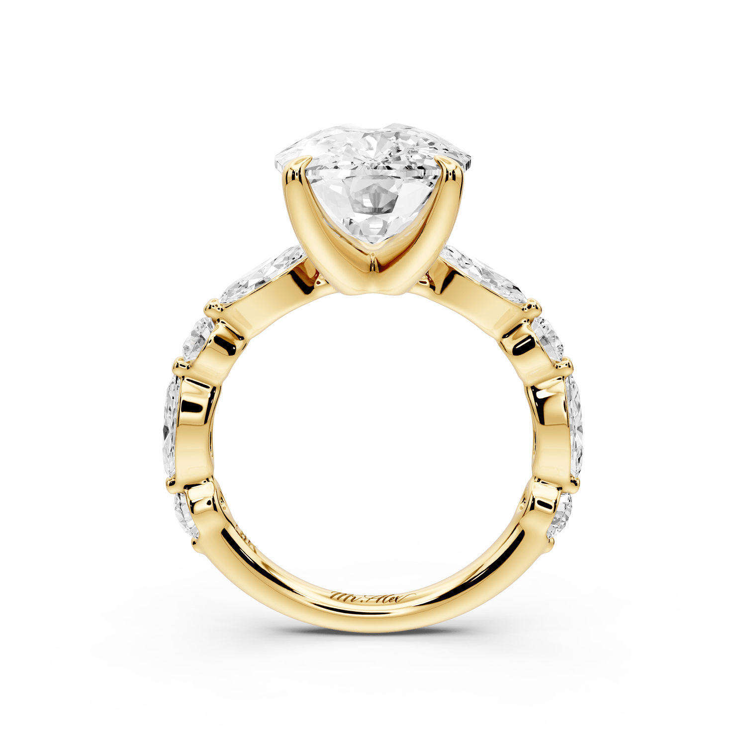 Amalia - 5ct 18k yellow gold ecushion Round Diamond with Alternating 8 - Stone Marquise and Round Diamond Band Engagement Ring - Mr. Alex Jewelry