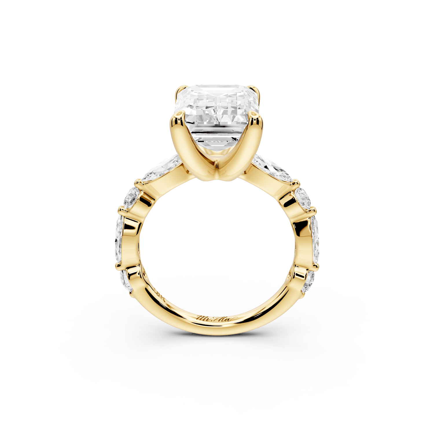 Amalia - 5ct 18k yellow gold emerald Round Diamond with Alternating 8 - Stone Marquise and Round Diamond Band Engagement Ring - Mr. Alex Jewelry