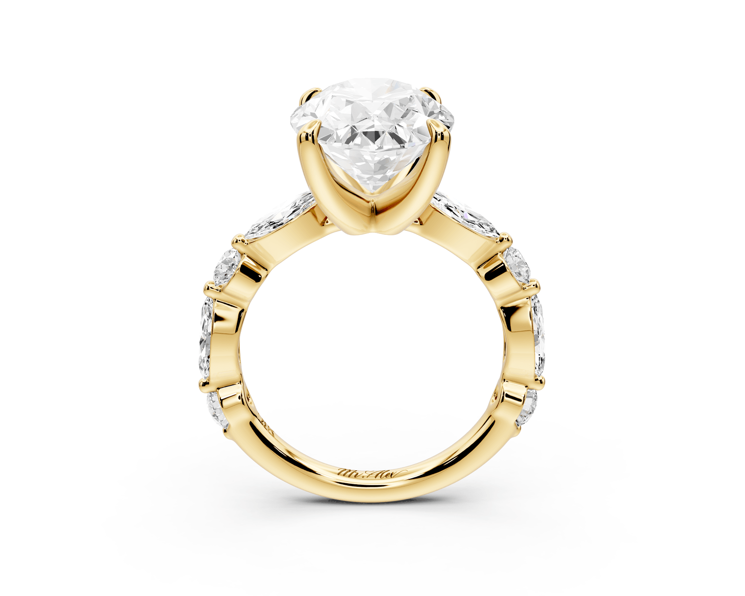 Amalia - 5ct 18k yellow gold oval Round Diamond with Alternating 8 - Stone Marquise and Round Diamond Band Engagement Ring - Mr. Alex Jewelry