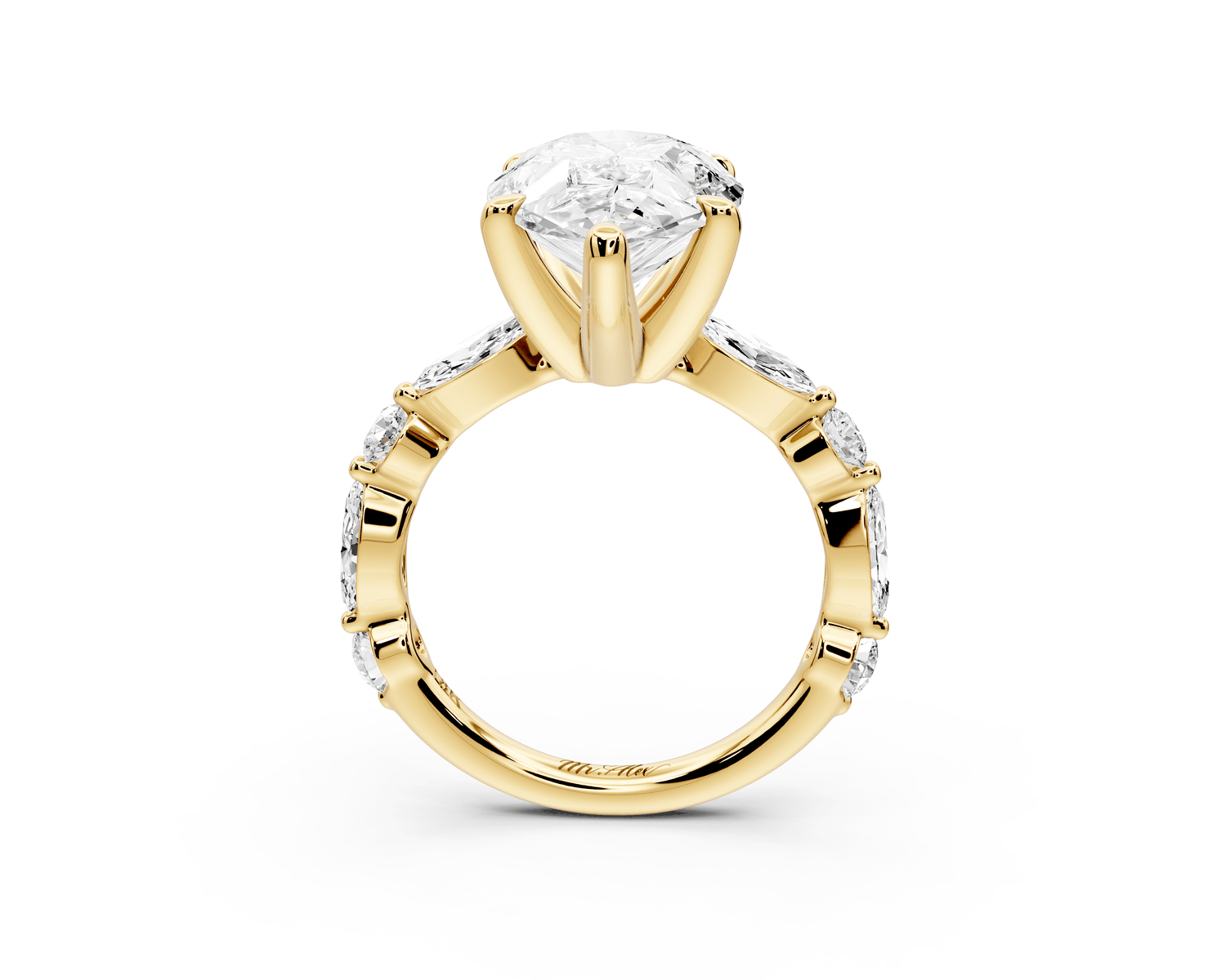 Amalia - 5ct 18k yellow gold pear Round Diamond with Alternating 8 - Stone Marquise and Round Diamond Band Engagement Ring - Mr. Alex Jewelry