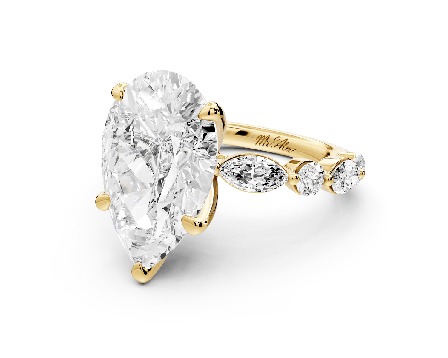 Amalia - 5ct 18k yellow gold pear Round Diamond with Alternating 8 - Stone Marquise and Round Diamond Band Engagement Ring - Mr. Alex Jewelry