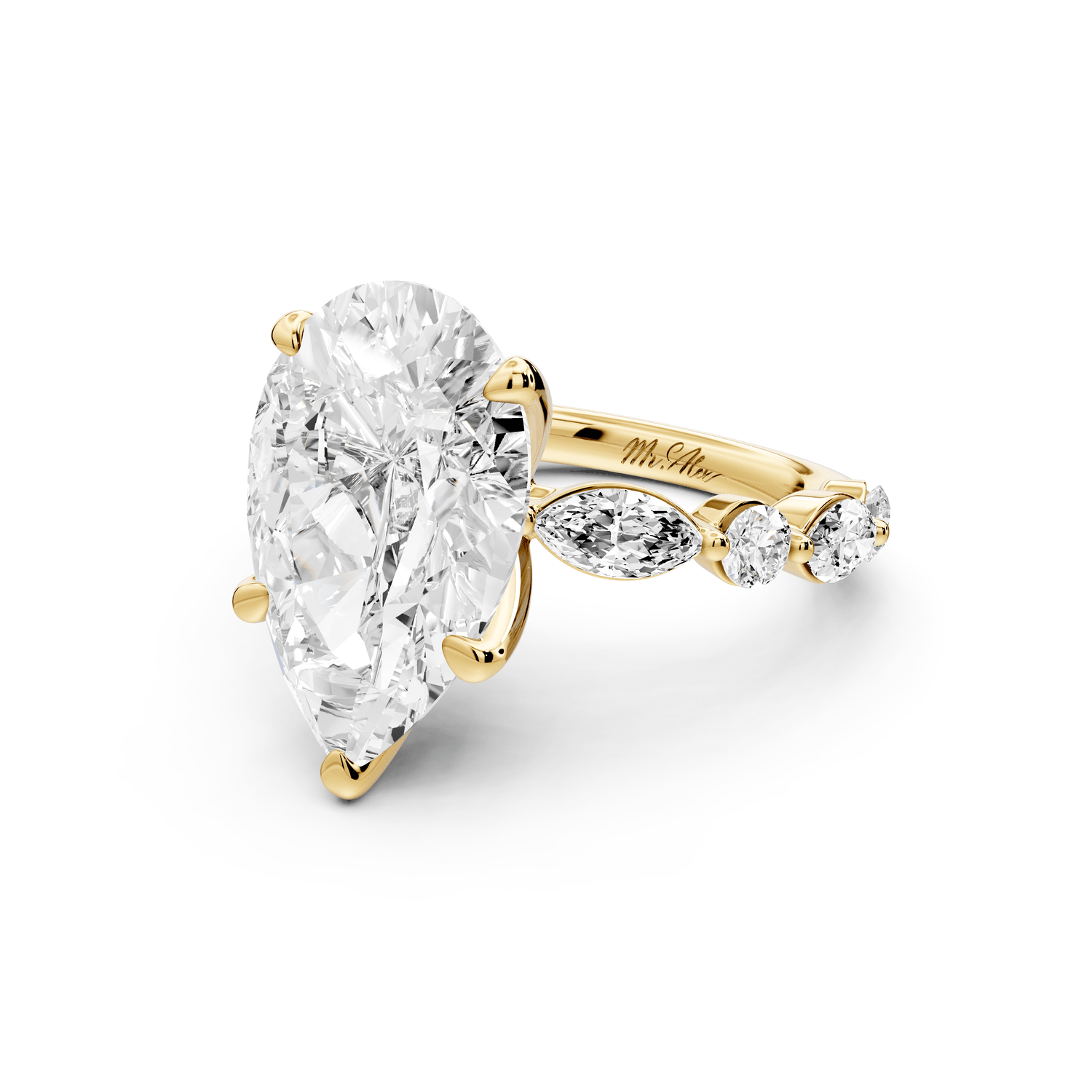Amalia - 5ct 18k yellow gold pear Round Diamond with Alternating 8 - Stone Marquise and Round Diamond Band Engagement Ring - Mr. Alex Jewelry