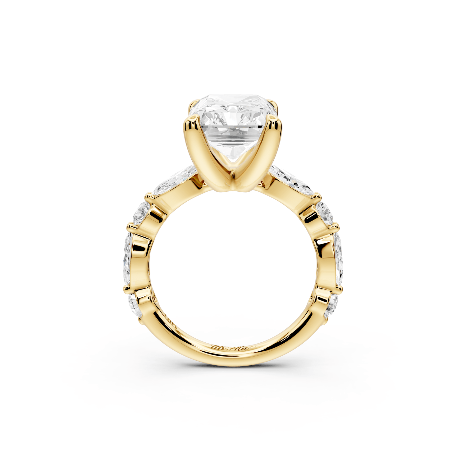 Amalia - 5ct 18k yellow gold radiant Round Diamond with Alternating 8 - Stone Marquise and Round Diamond Band Engagement Ring - Mr. Alex Jewelry
