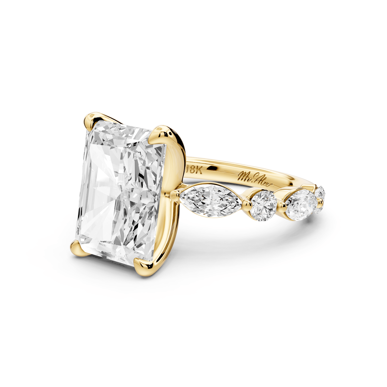 Amalia - 5ct 18k yellow gold radiant Round Diamond with Alternating 8 - Stone Marquise and Round Diamond Band Engagement Ring - Mr. Alex Jewelry