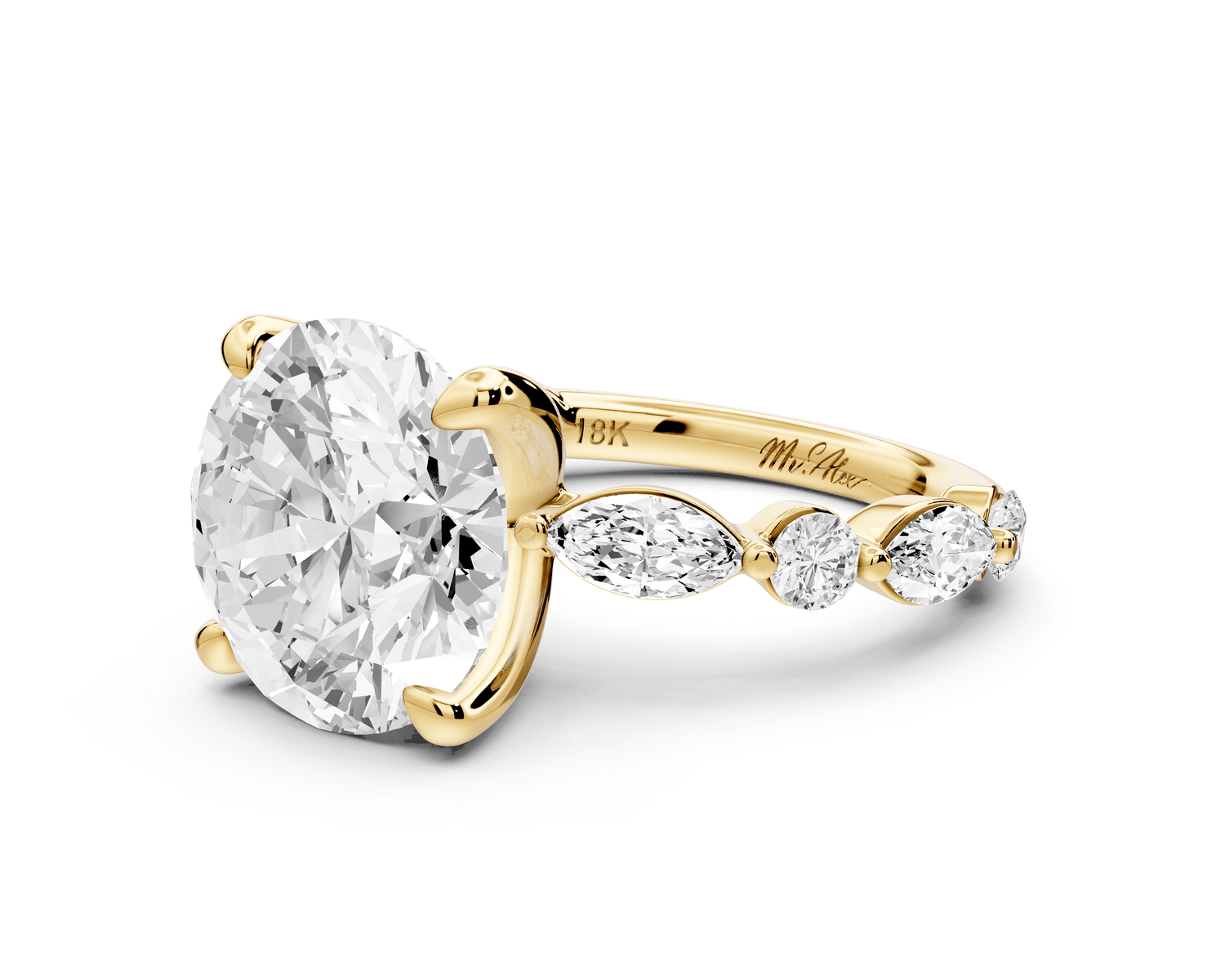 Amalia - 5ct 18k yellow gold round Round Diamond with Alternating 8 - Stone Marquise and Round Diamond Band Engagement Ring - Mr. Alex Jewelry
