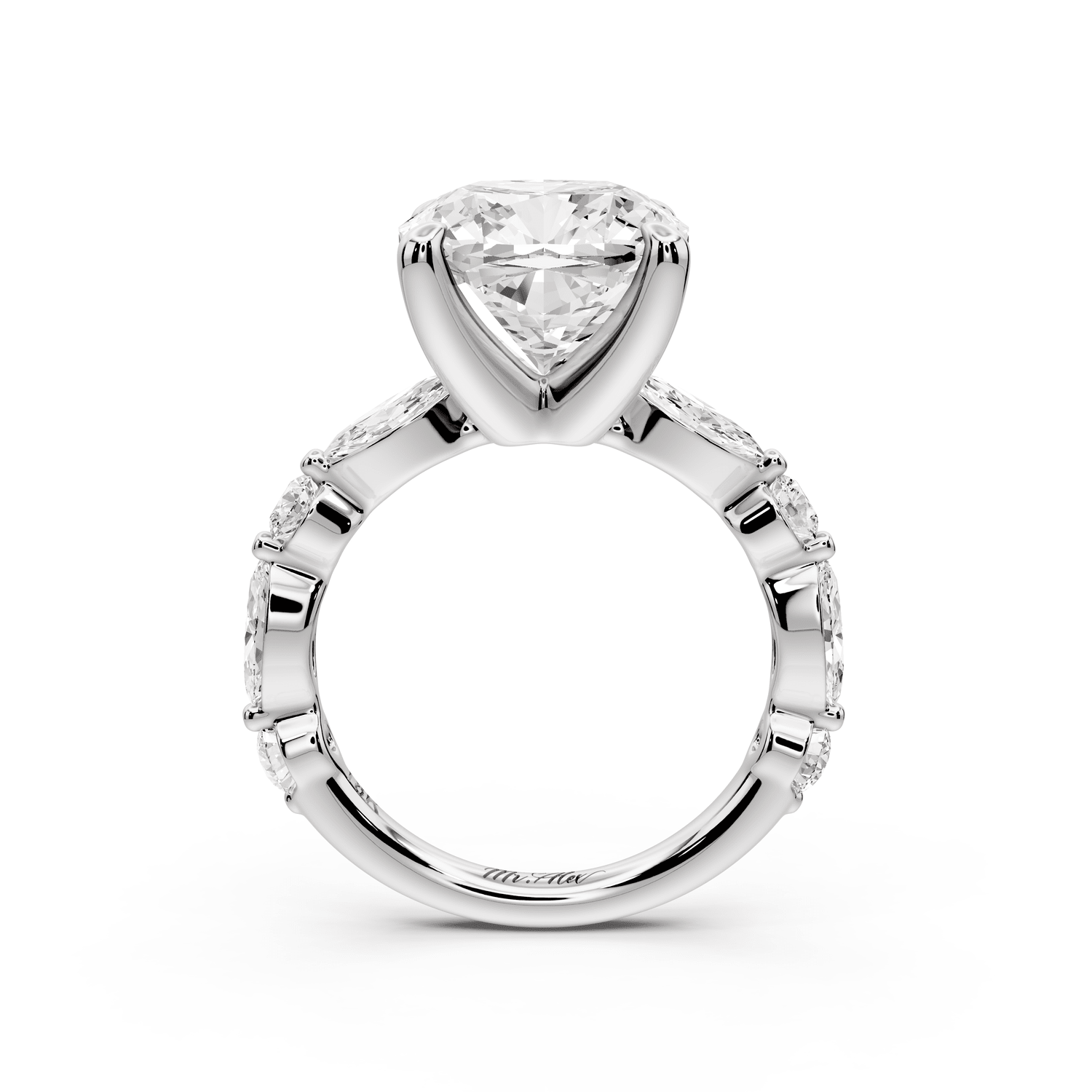 Amalia - 5ct platinum cushion Round Diamond with Alternating 8 - Stone Marquise and Round Diamond Band Engagement Ring - Mr. Alex Jewelry