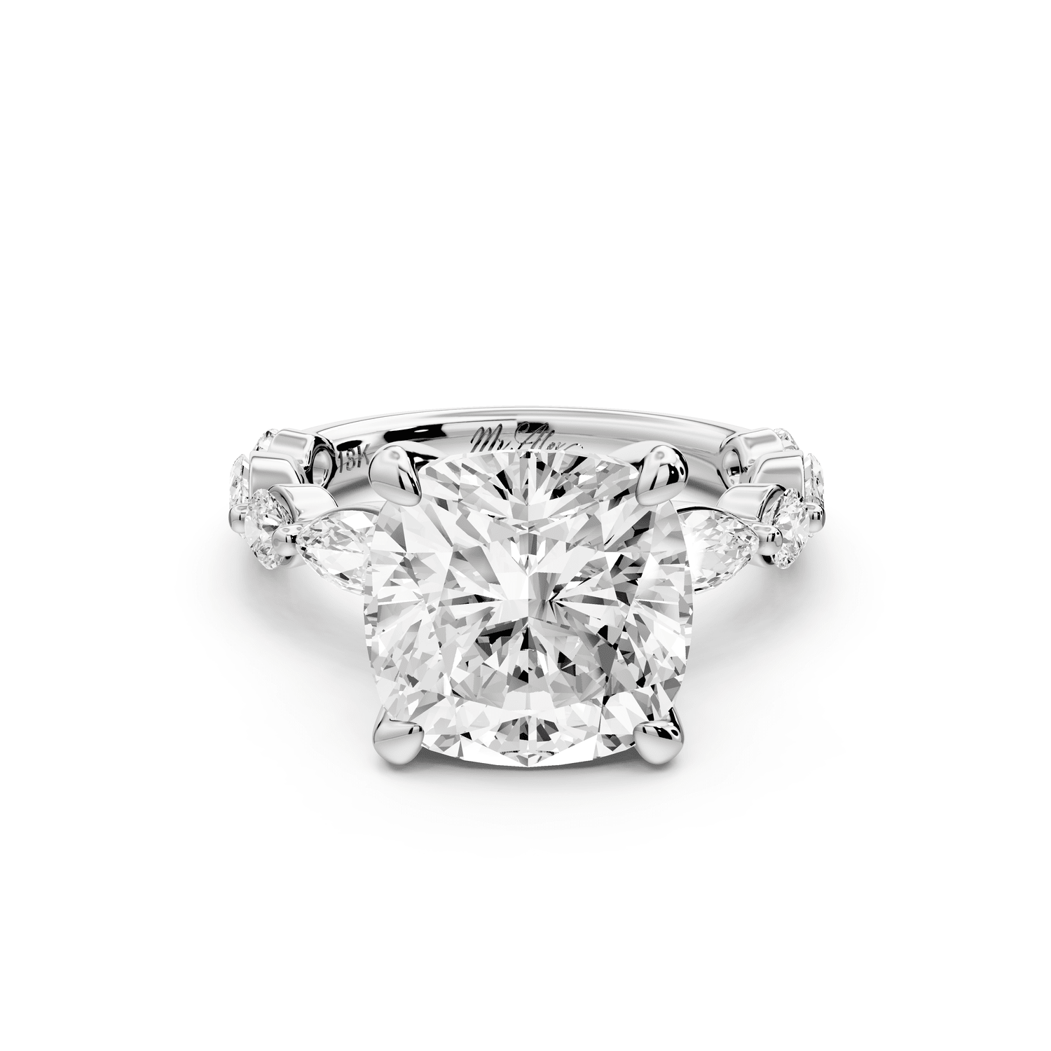 Amalia - 5ct platinum cushion Round Diamond with Alternating 8 - Stone Marquise and Round Diamond Band Engagement Ring - Mr. Alex Jewelry