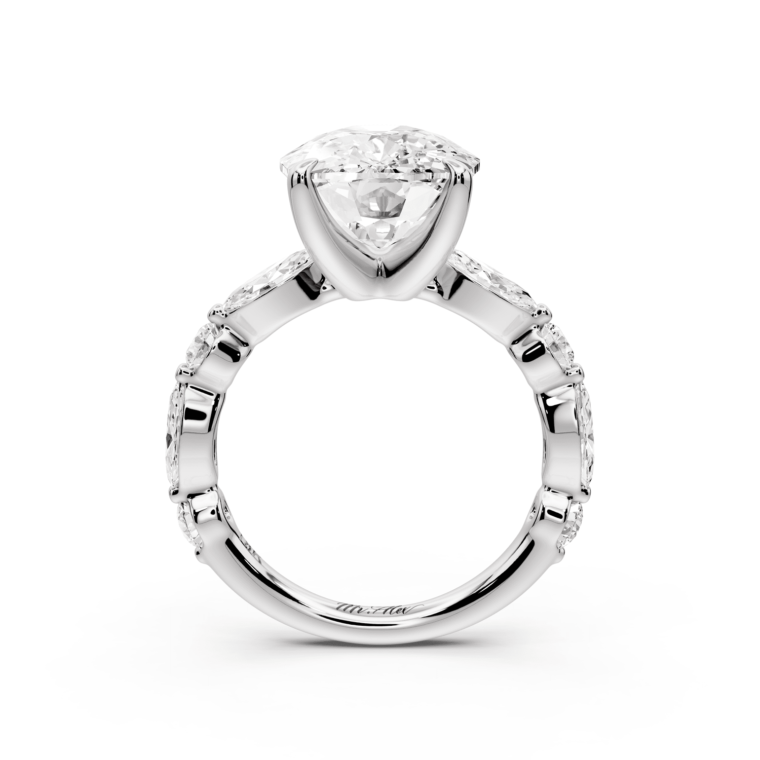 Amalia - 5ct platinum ecushion Round Diamond with Alternating 8 - Stone Marquise and Round Diamond Band Engagement Ring - Mr. Alex Jewelry