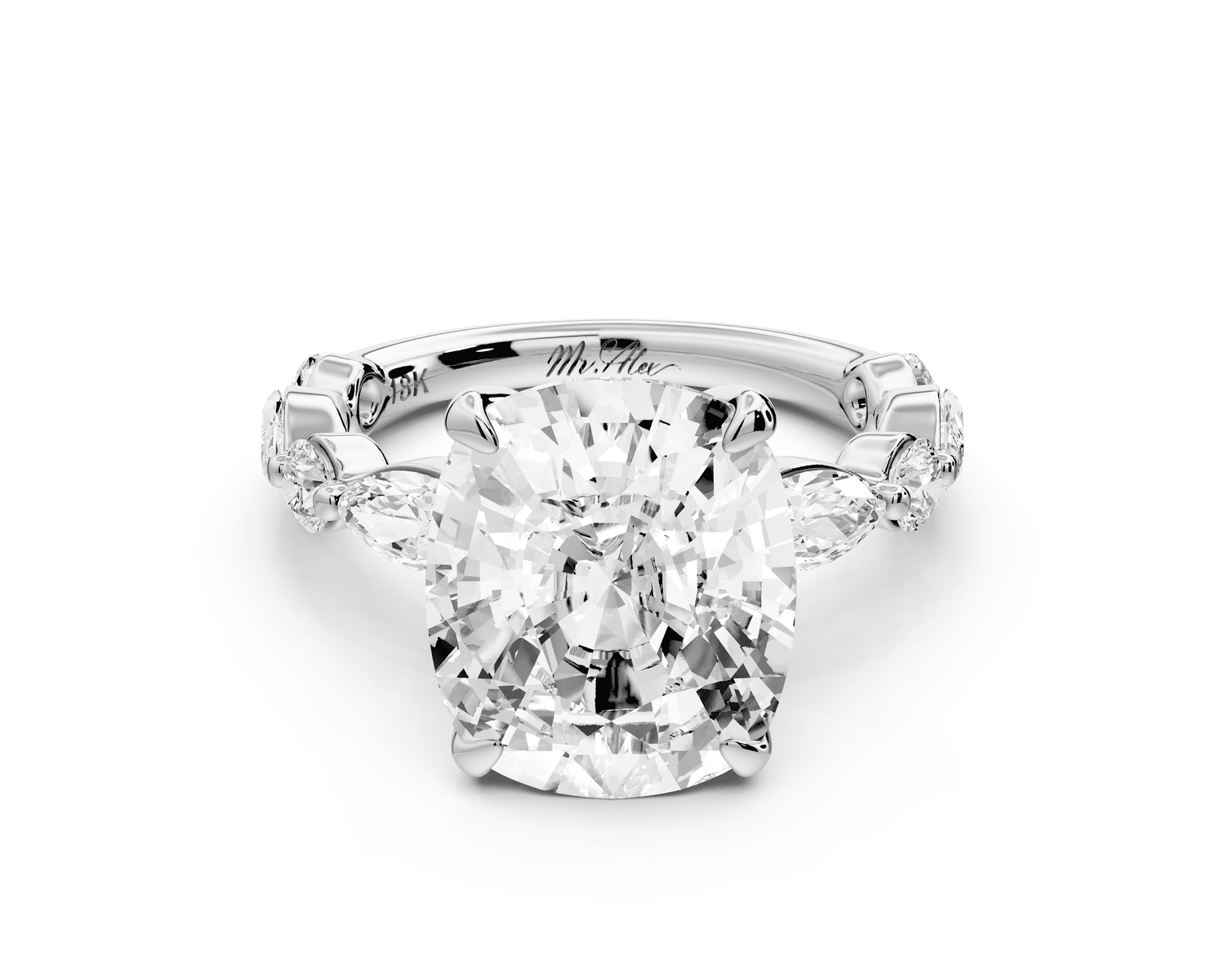 Amalia - 5ct platinum ecushion Round Diamond with Alternating 8 - Stone Marquise and Round Diamond Band Engagement Ring - Mr. Alex Jewelry