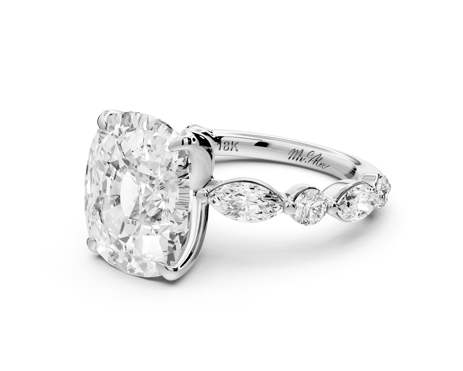 Amalia - 5ct platinum ecushion Round Diamond with Alternating 8 - Stone Marquise and Round Diamond Band Engagement Ring - Mr. Alex Jewelry