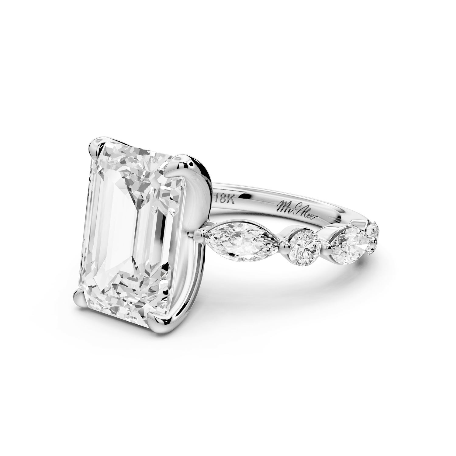 Amalia - 5ct platinum emerald Round Diamond with Alternating 8 - Stone Marquise and Round Diamond Band Engagement Ring - Mr. Alex Jewelry
