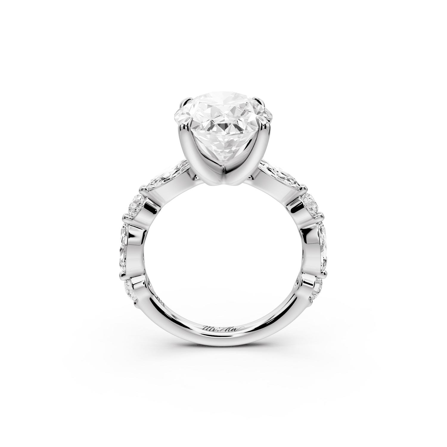 Amalia - 5ct platinum oval Round Diamond with Alternating 8 - Stone Marquise and Round Diamond Band Engagement Ring - Mr. Alex Jewelry