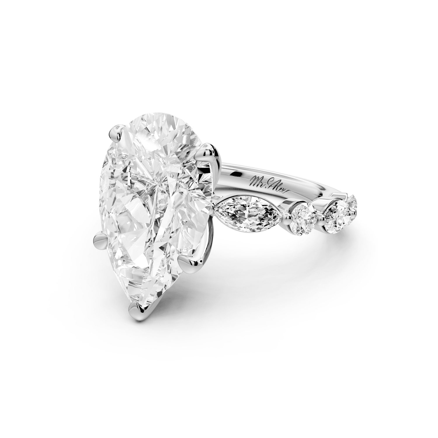 Amalia - 5ct platinum pear Round Diamond with Alternating 8 - Stone Marquise and Round Diamond Band Engagement Ring - Mr. Alex Jewelry
