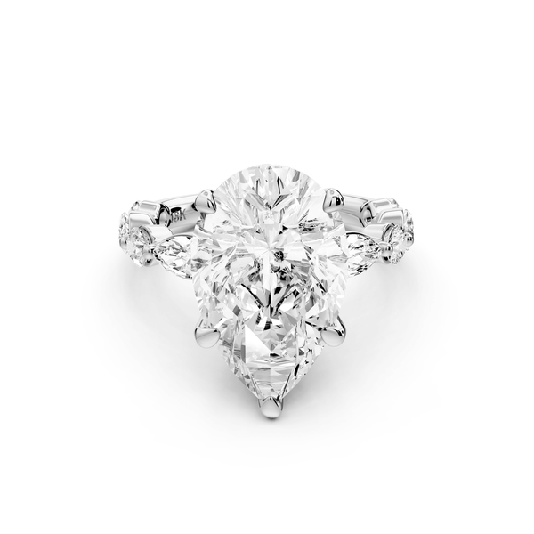Amalia - 5ct platinum pear Round Diamond with Alternating 8 - Stone Marquise and Round Diamond Band Engagement Ring - Mr. Alex Jewelry