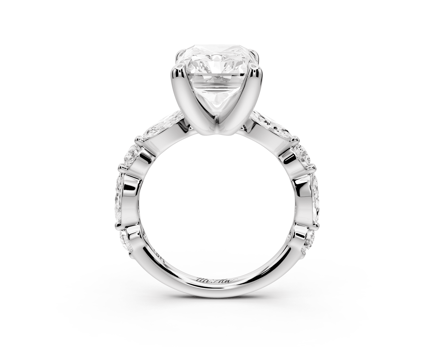 Amalia - 5ct platinum radiant Round Diamond with Alternating 8 - Stone Marquise and Round Diamond Band Engagement Ring - Mr. Alex Jewelry