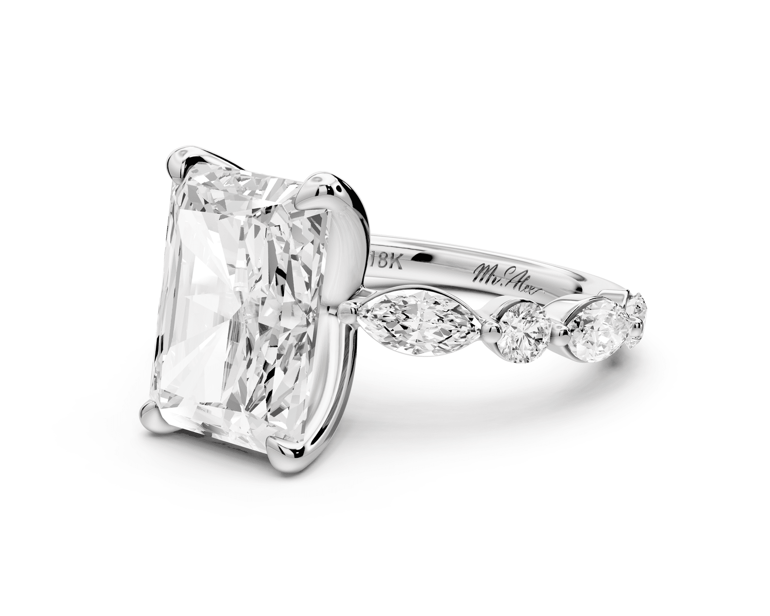 Amalia - 5ct platinum radiant Round Diamond with Alternating 8 - Stone Marquise and Round Diamond Band Engagement Ring - Mr. Alex Jewelry