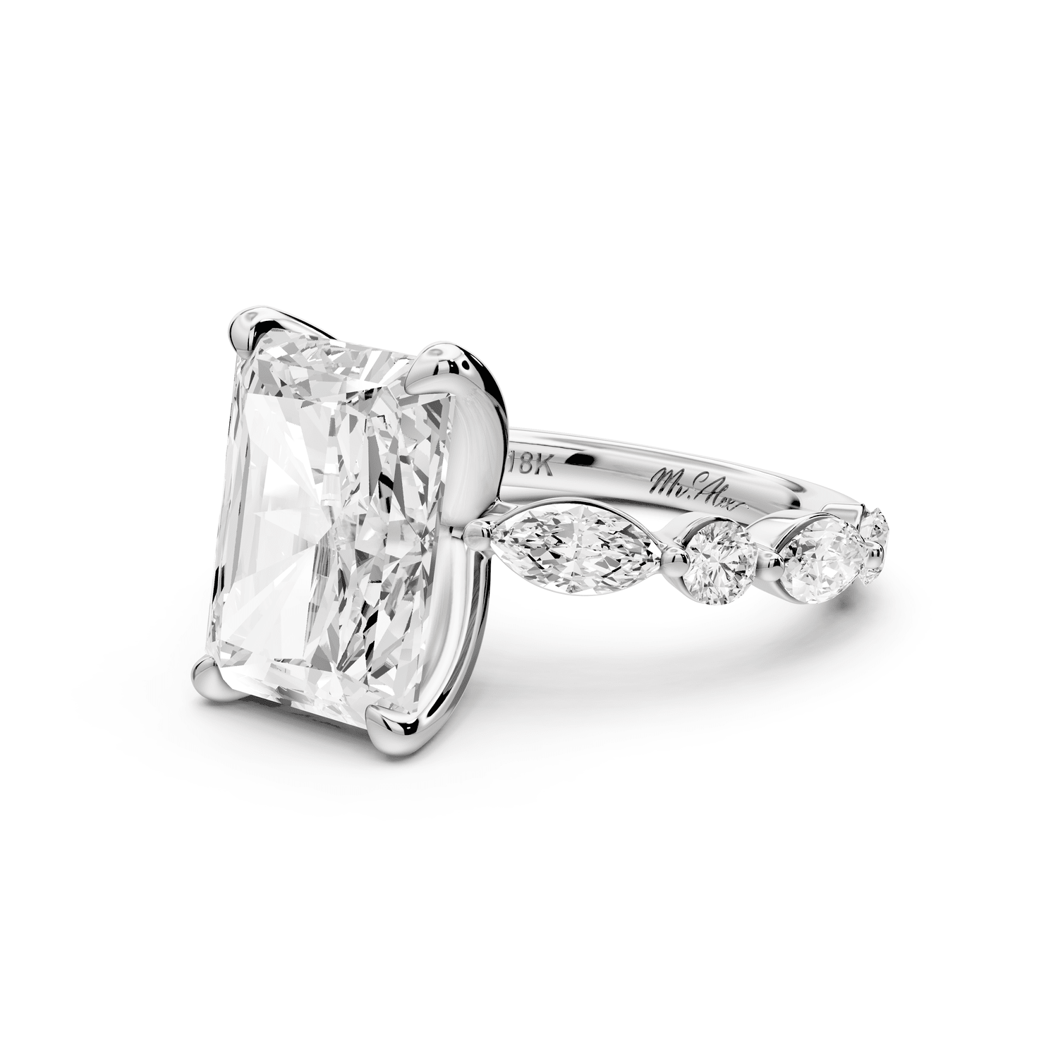 Amalia - 5ct platinum radiant Round Diamond with Alternating 8 - Stone Marquise and Round Diamond Band Engagement Ring - Mr. Alex Jewelry
