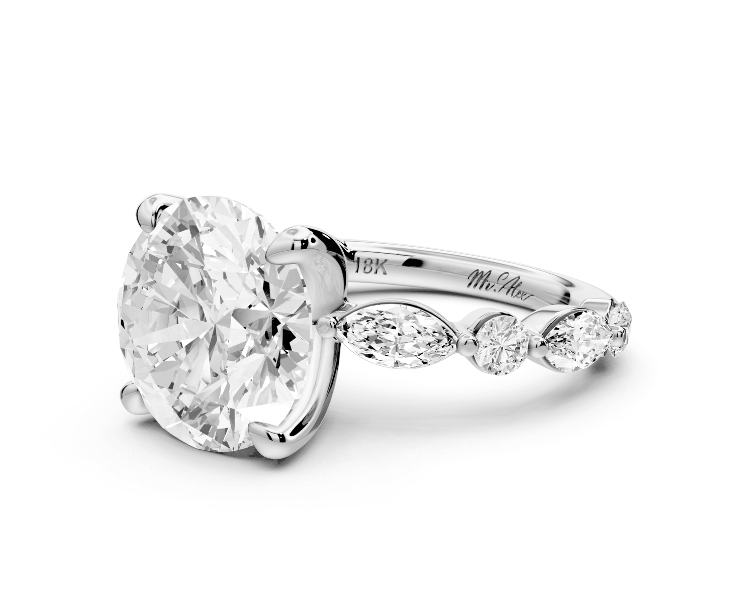 Amalia - 5ct platinum round Round Diamond with Alternating 8 - Stone Marquise and Round Diamond Band Engagement Ring - Mr. Alex Jewelry