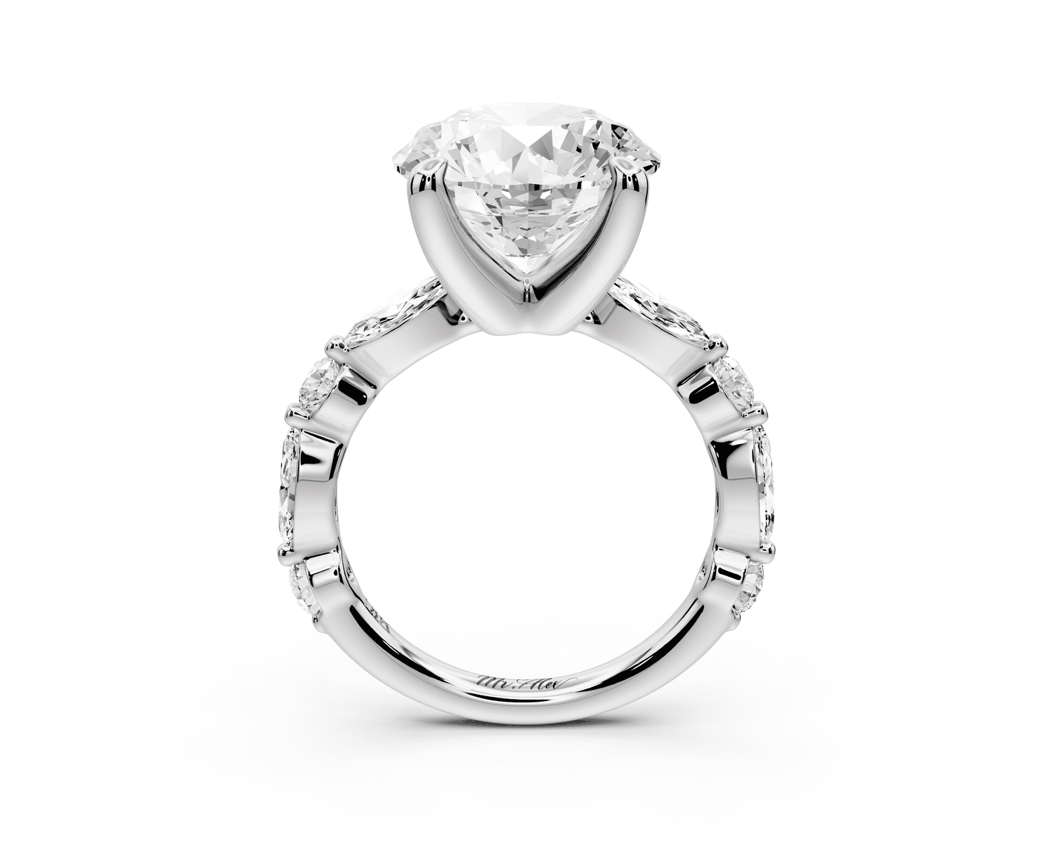 Amalia - 5ct platinum round Round Diamond with Alternating 8 - Stone Marquise and Round Diamond Band Engagement Ring - Mr. Alex Jewelry