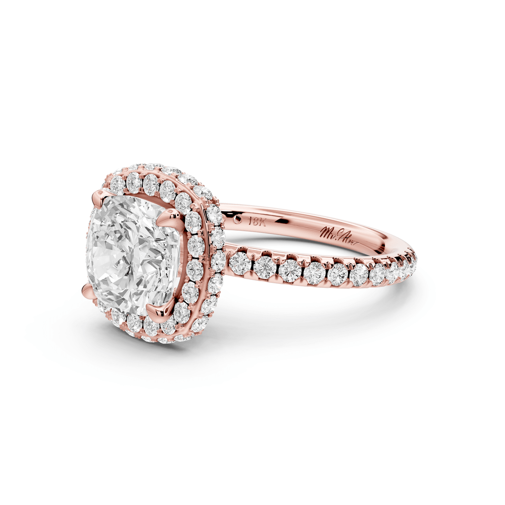 Amelie - 2ct 14k rose gold cushion Diamond with Rollover Halo and Pavé engagement Ring - Mr. Alex Jewelry