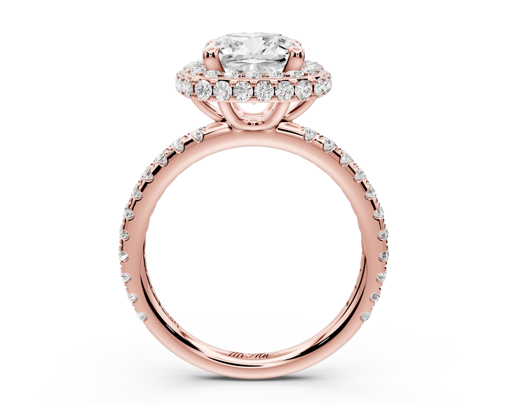 Amelie - 2ct 14k rose gold cushion Diamond with Rollover Halo and Pavé engagement Ring - Mr. Alex Jewelry