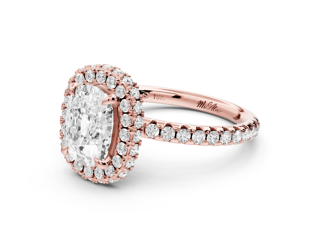 Amelie - 2ct 14k rose gold ecushion Diamond with Rollover Halo and Pavé engagement Ring - Mr. Alex Jewelry