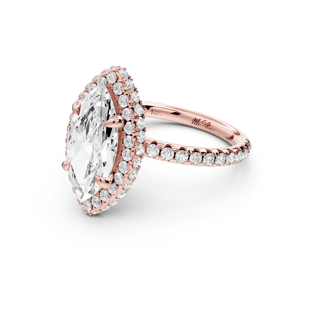 Amelie - 2ct 14k rose gold marquise Diamond with Rollover Halo and Pavé engagement Ring - Mr. Alex Jewelry