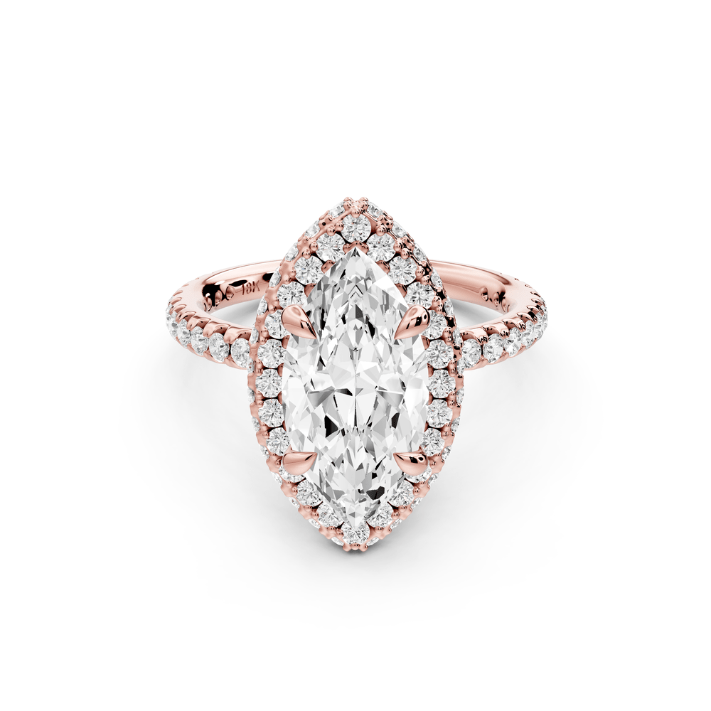 Amelie - 2ct 14k rose gold marquise Diamond with Rollover Halo and Pavé engagement Ring - Mr. Alex Jewelry