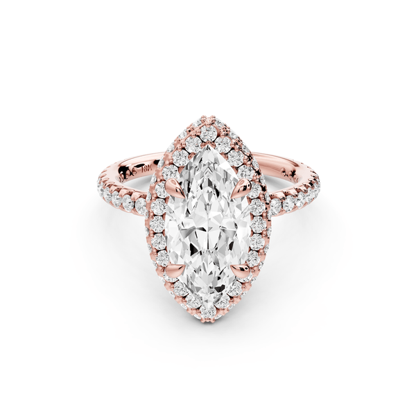 Amelie - 2ct 14k rose gold marquise Diamond with Rollover Halo and Pavé engagement Ring - Mr. Alex Jewelry