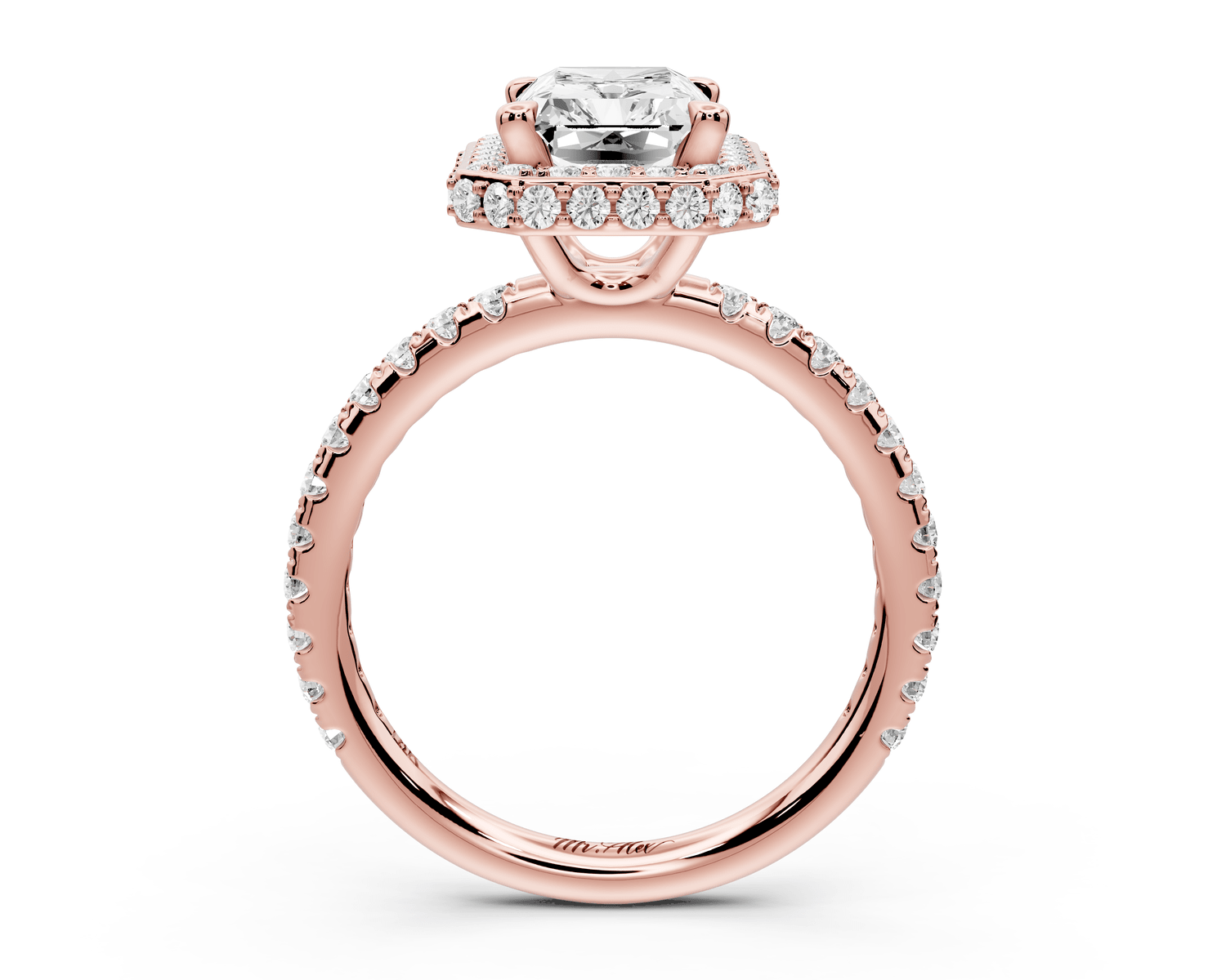 Amelie - 2ct 14k rose gold radiant Diamond with Rollover Halo and Pavé engagement Ring - Mr. Alex Jewelry
