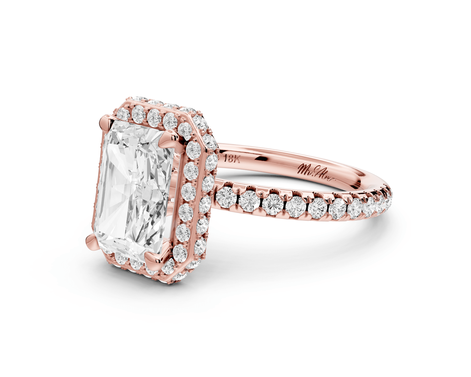 Amelie - 2ct 14k rose gold radiant Diamond with Rollover Halo and Pavé engagement Ring - Mr. Alex Jewelry
