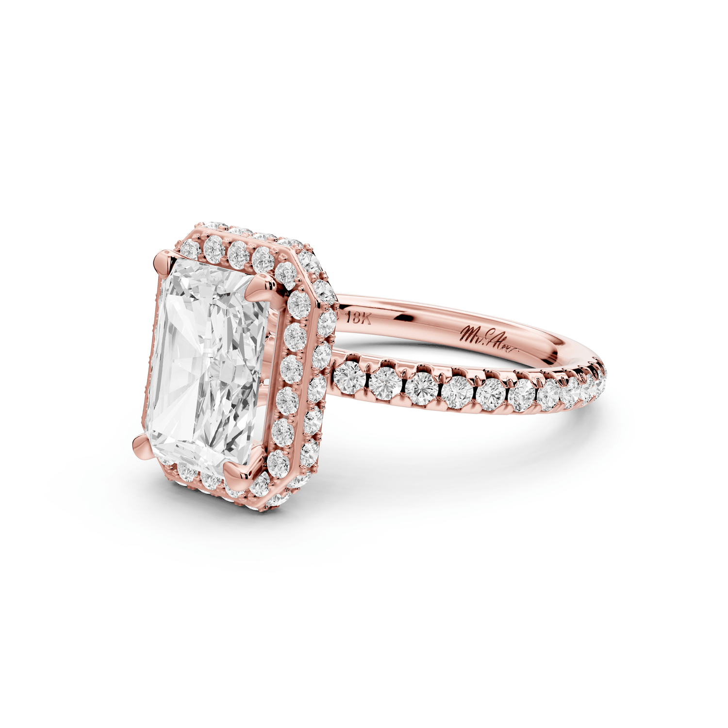 Amelie - 2ct 14k rose gold radiant Diamond with Rollover Halo and Pavé engagement Ring - Mr. Alex Jewelry